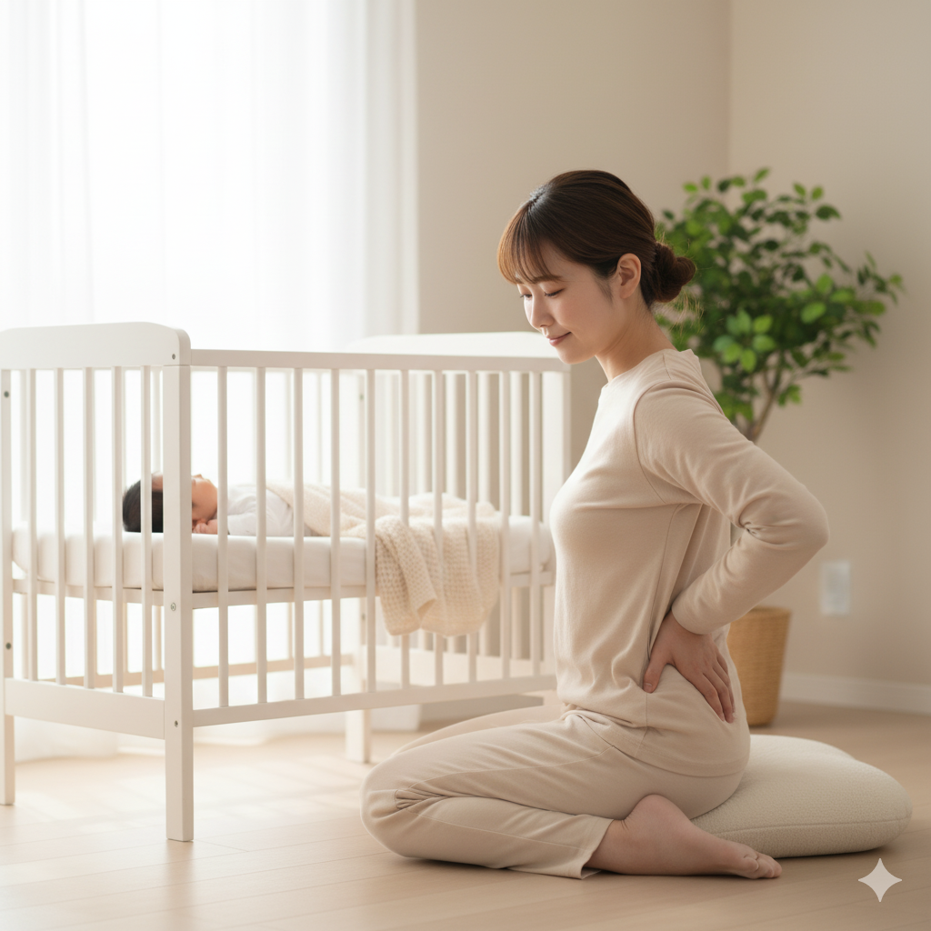 産後の日本人女性が尾てい骨の痛みを感じながらクッションに座っている様子。リビングで赤ちゃんが眠る中、リラックスしながらセルフケアを行っているシーン。