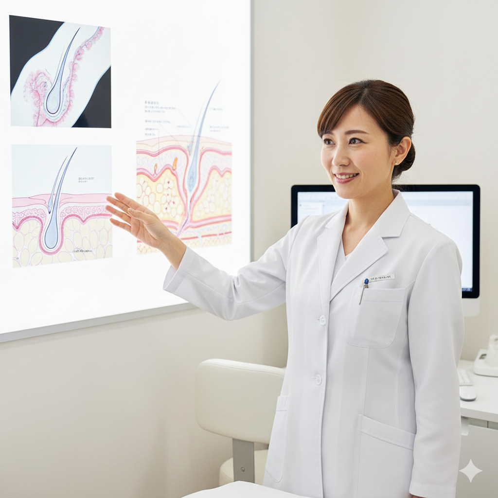 皮膚科医が頭皮の構造図を示しながら、産後のホルモン変化による頭皮の乾燥や皮脂減少を説明している様子。