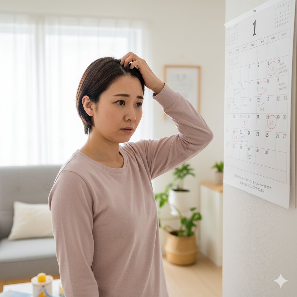抜け毛の時期を気にしてカレンダーを見つめる産後の日本人女性