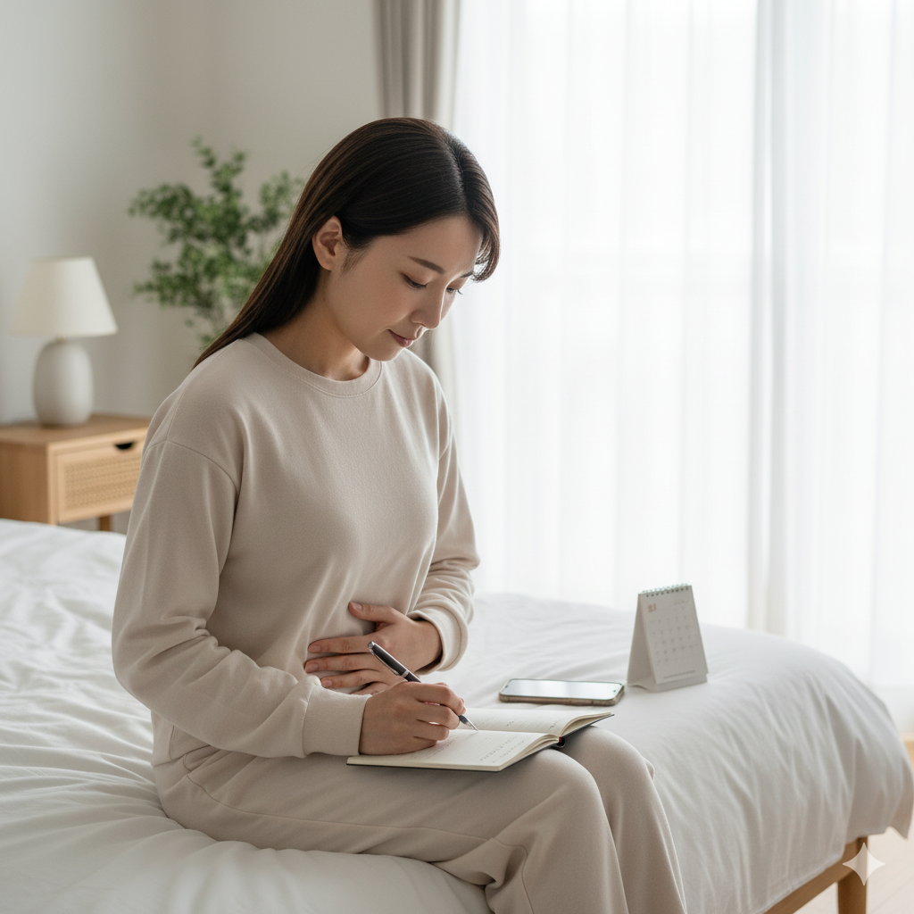 産後の母親が悪露の色や経過をノートに記録している様子。赤から白に変化する悪露の経過を示すイメージ写真。