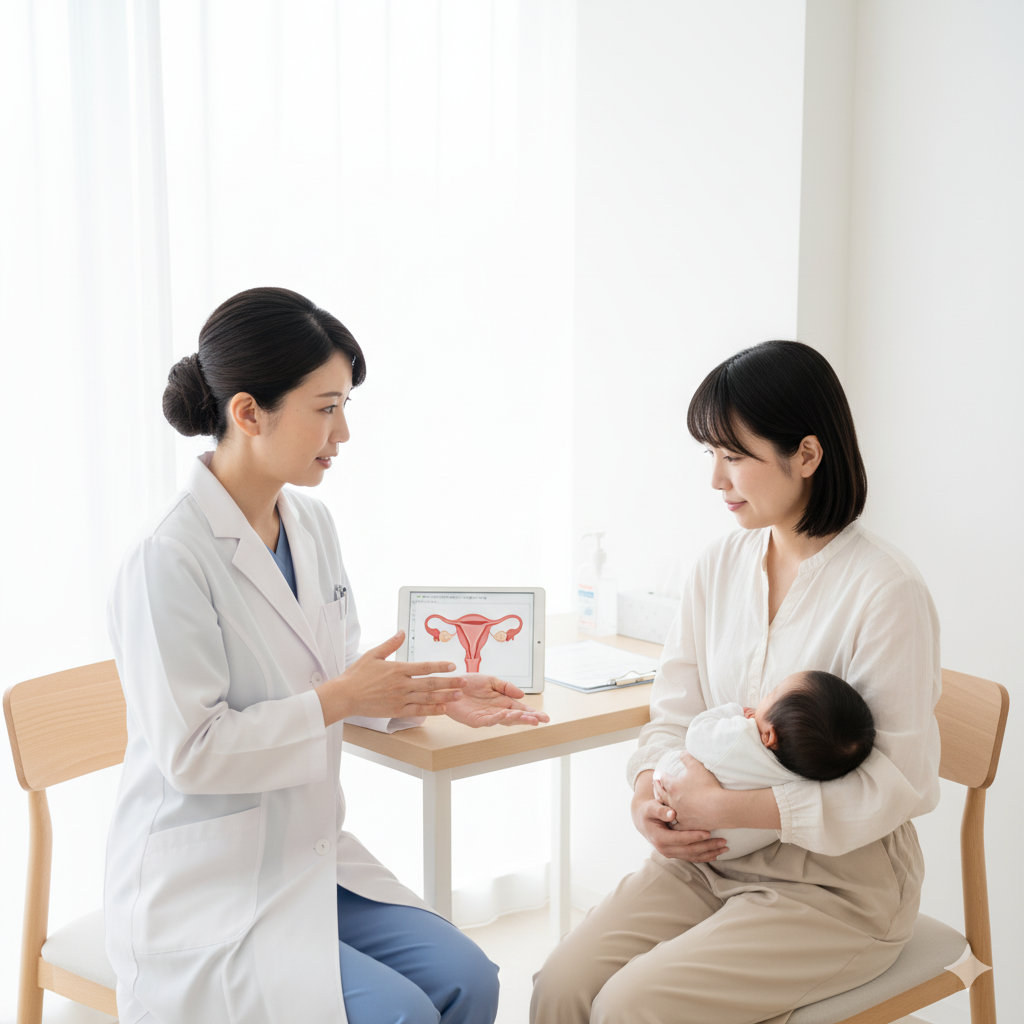 女性産婦人科医が産後の女性に子宮の回復や感染リスクについて説明している様子。清潔な診察室で安心感のある雰囲気。