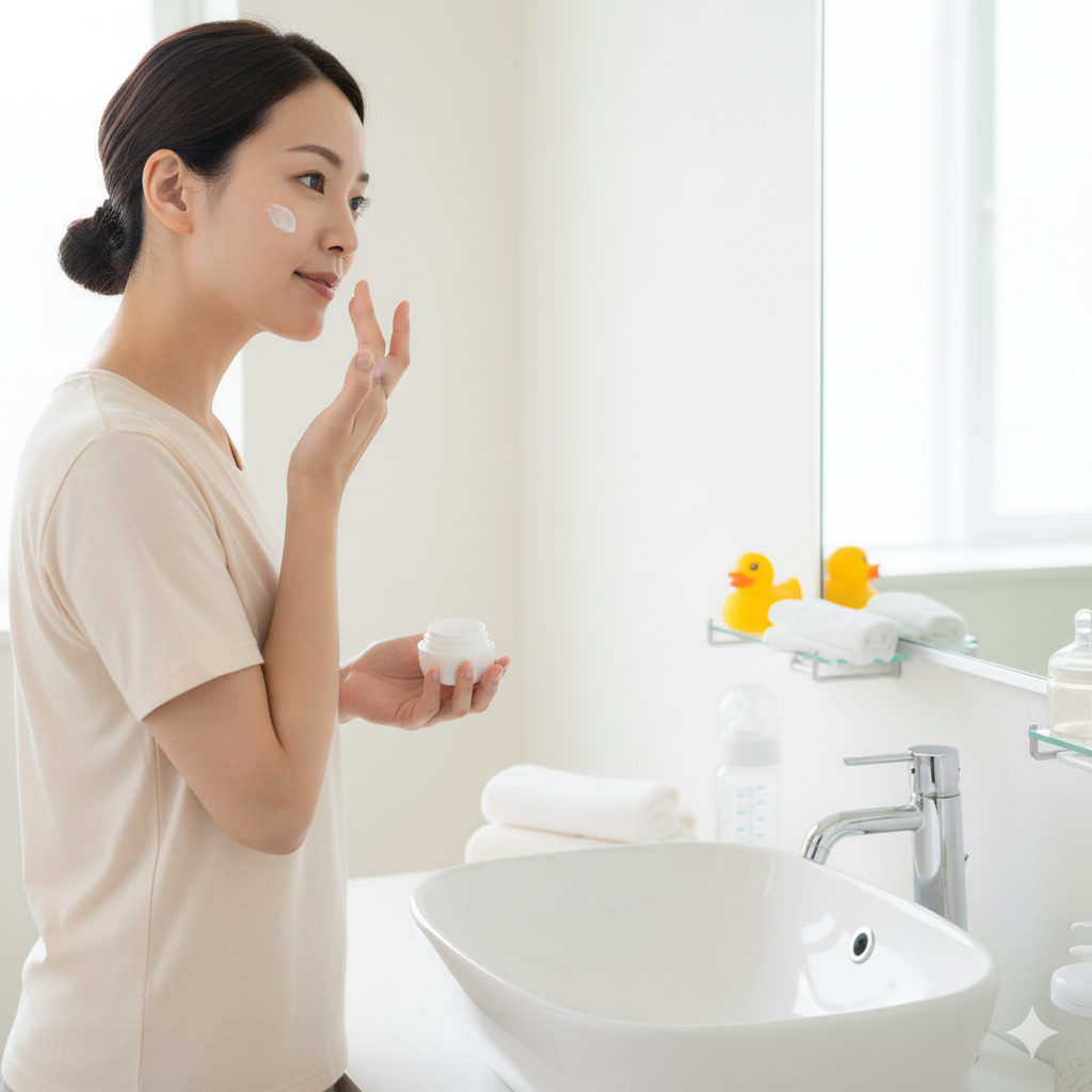 産後のママが低刺激のスキンケアを行っている様子
