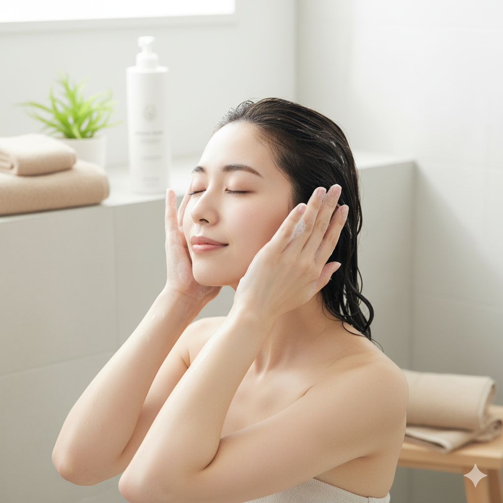 産後の女性がぬるま湯で髪を洗いながら、指の腹で頭皮を優しくマッサージしている様子。清潔感とリラックス感のあるシーン。