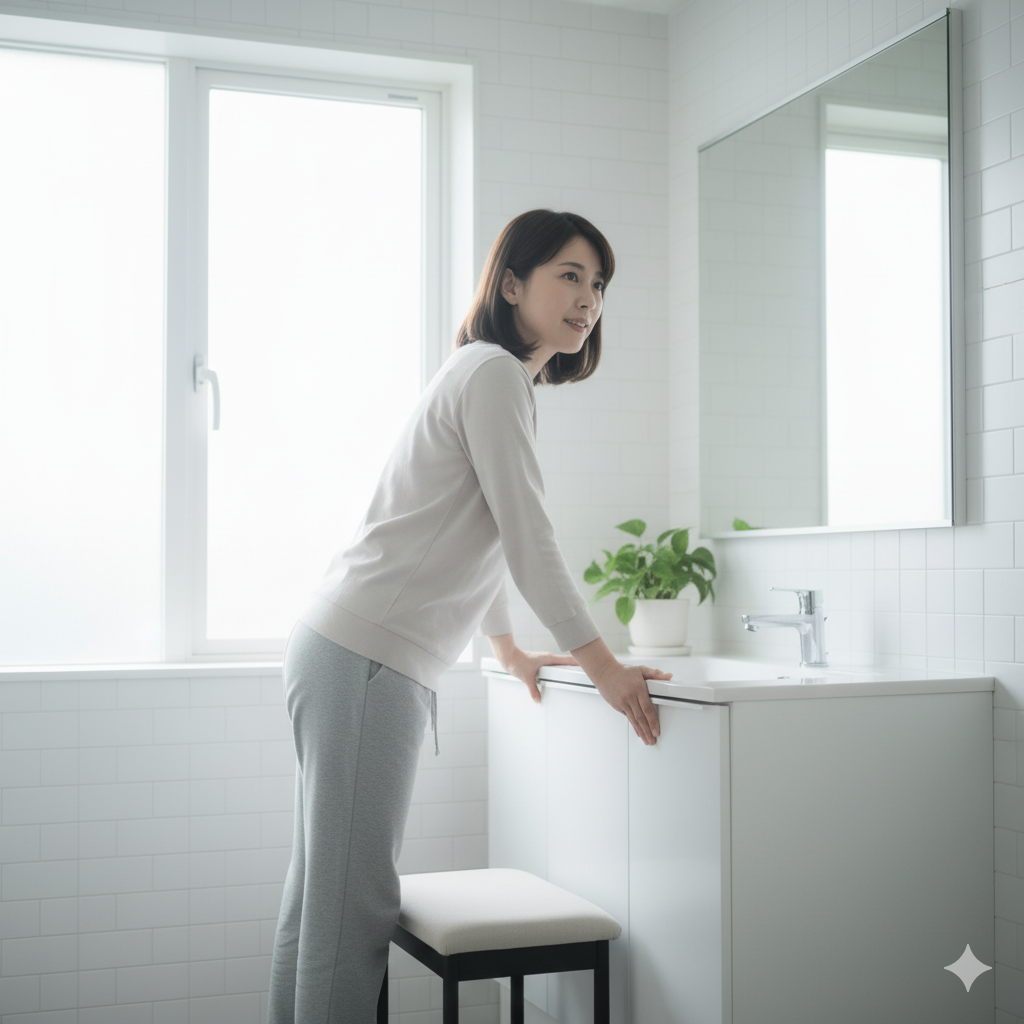 産後のママが洗面所でゆっくり立ち上がる様子。排尿や排便に不安を感じながらも前向きに回復を目指す姿。
