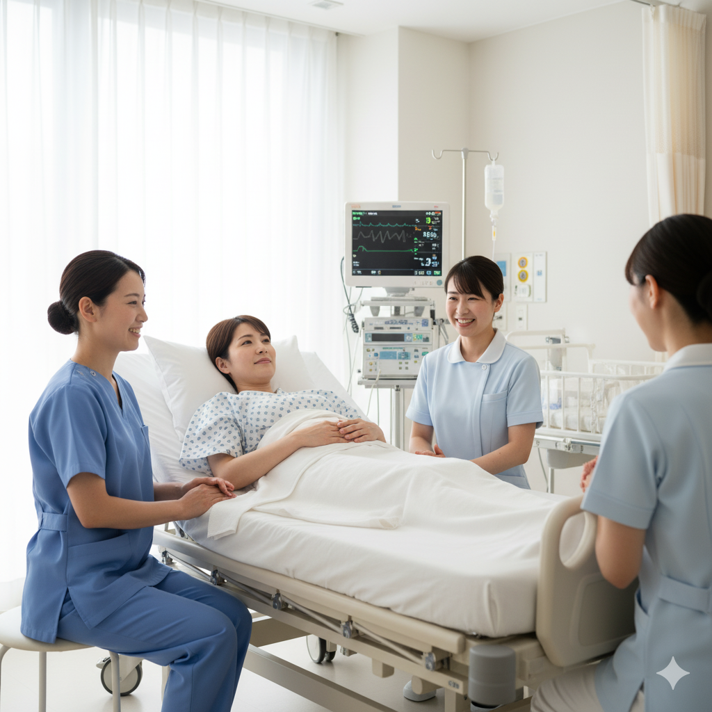 出産時に会陰切開の処置を受ける産後ママと医師の様子