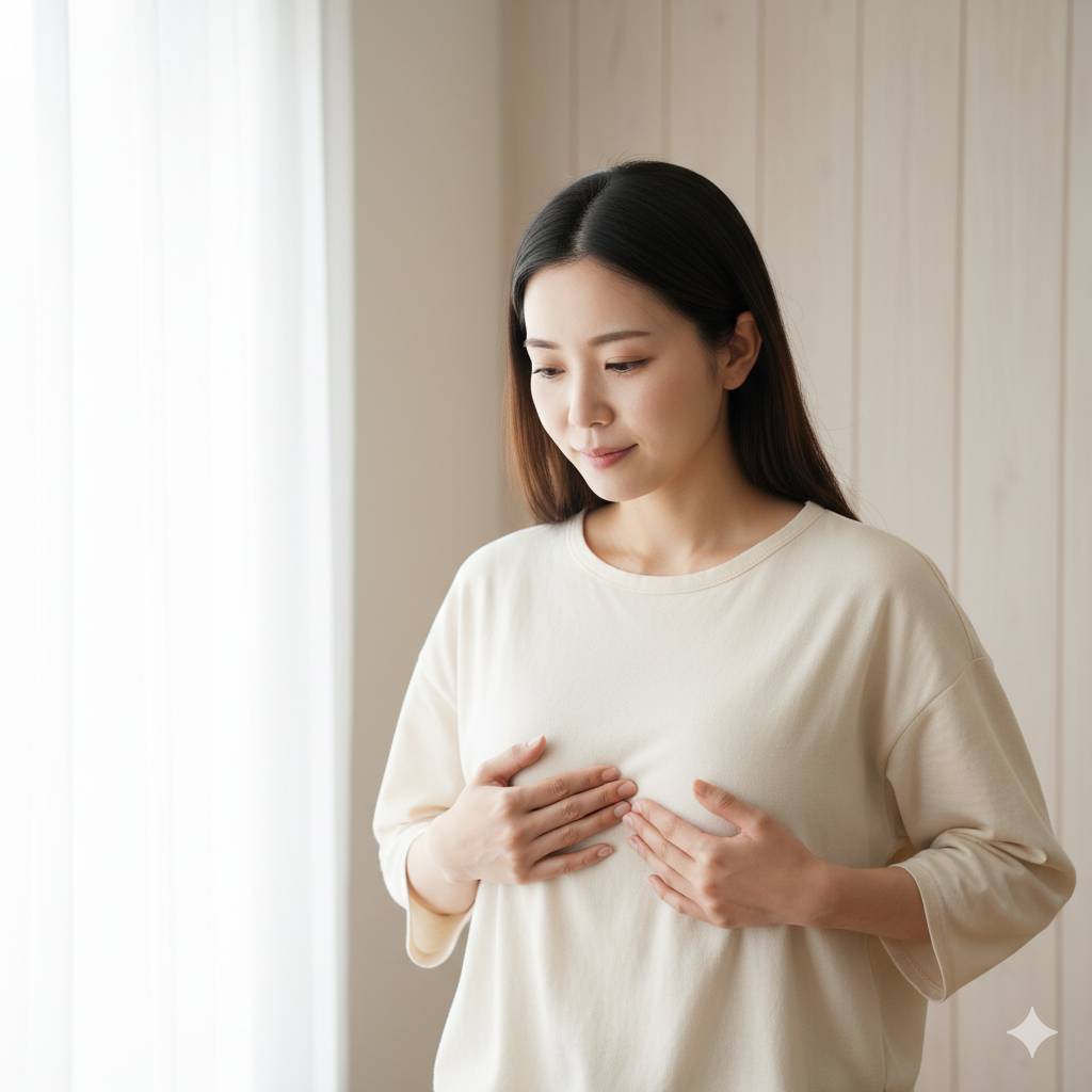 授乳期の胸の張りに悩む産後の日本人女性が、胸を押さえて優しくケアする様子。