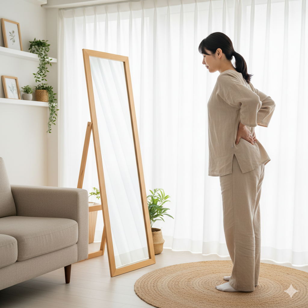 産後の女性が鏡の前で腰の反りと姿勢の変化を確認している様子。