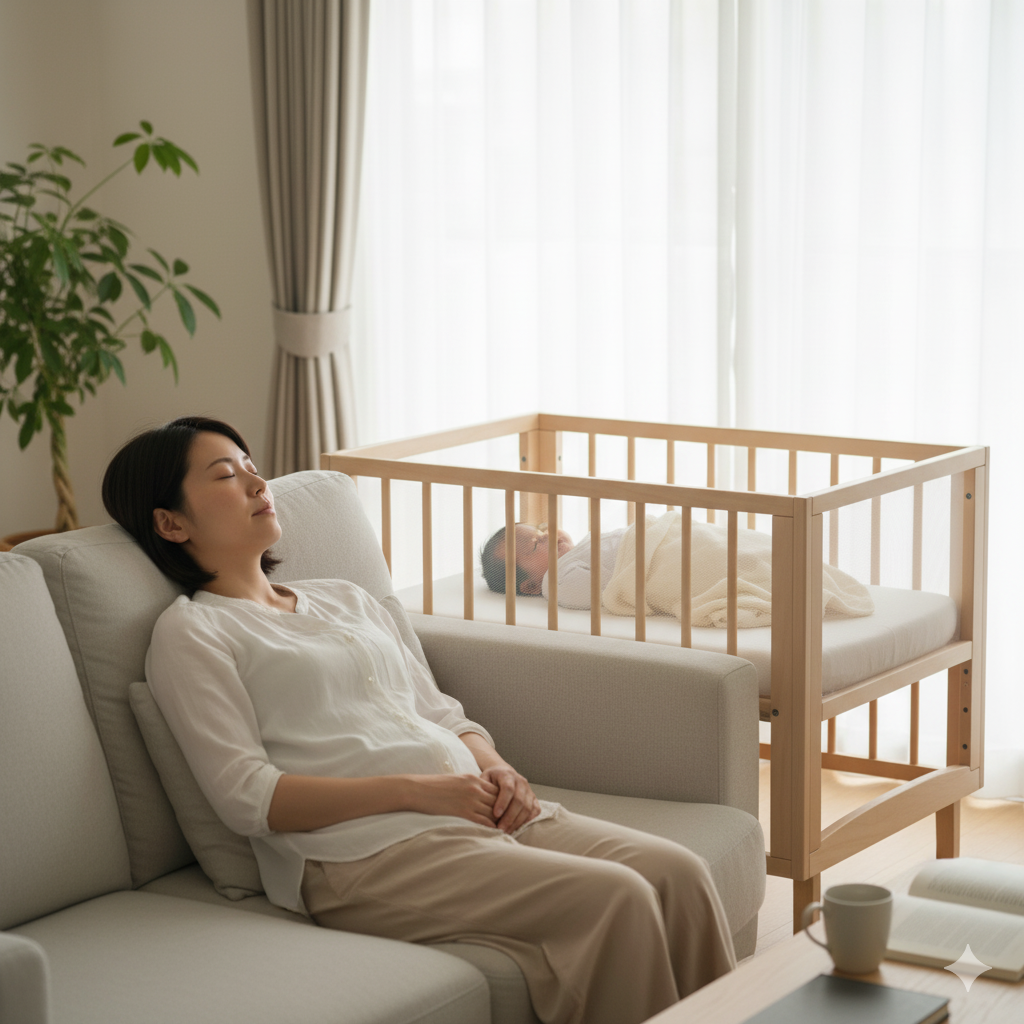 赤ちゃんの昼寝に合わせて短時間の仮眠を取る産後の母親。リビングで静かに目を閉じて休んでいる。