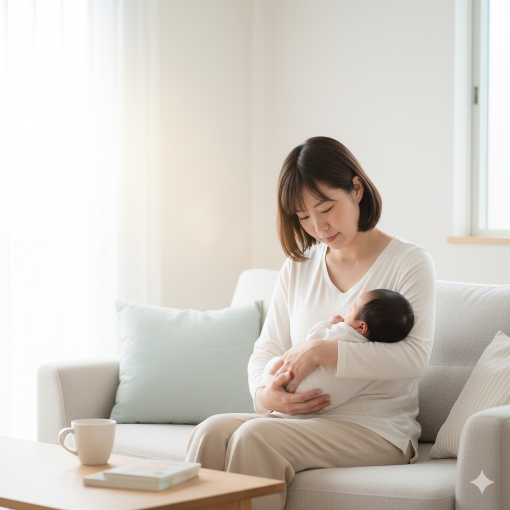 産後の疲れを感じながら赤ちゃんを抱っこして休む日本人ママの写真