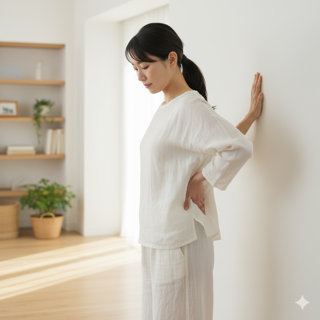 壁立ちテストで腰の隙間を確認している産後の女性の様子。