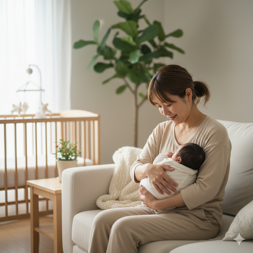 産後の女性が赤ちゃんを抱きながら少し疲れた表情でソファに座っている様子。明るく穏やかな部屋の中で、産後のメンタルケアを象徴するイメージ。