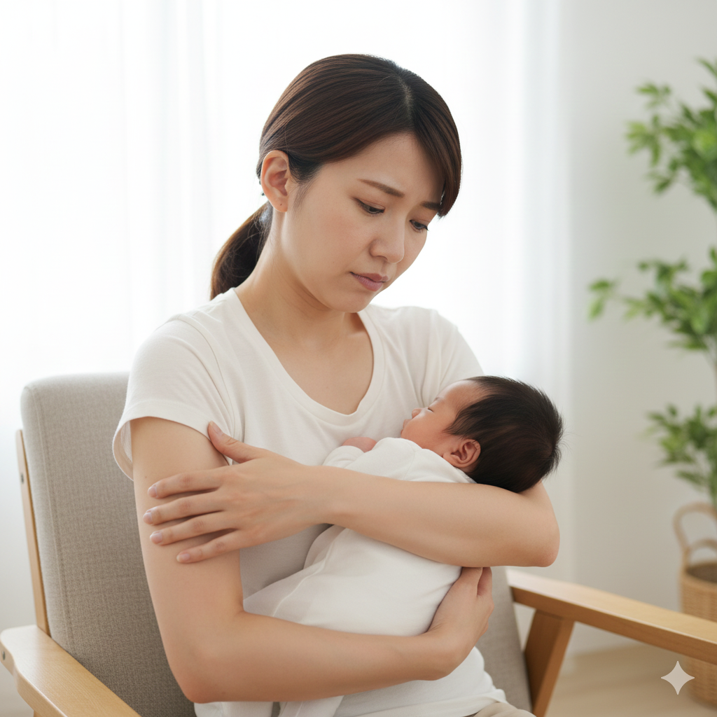 抱っこで二の腕の痛みを感じ、腕に手を当ててつらそうにしている産後ママの写真。
