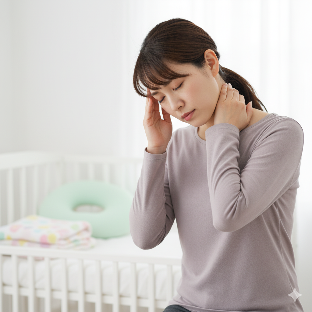 抱っこや授乳による肩こりに悩む産後のママが肩に手を当てている様子のリアル写真風イメージ
