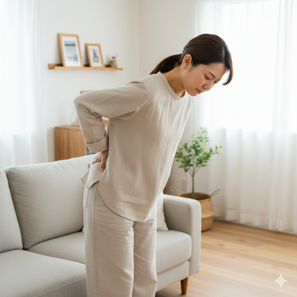 腰に手を当てて痛みを感じている産後の女性の様子。