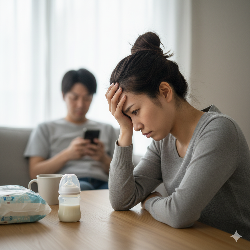 出産後の女性が疲れた表情でテーブルに座り、夫との間にすれ違いが生まれている様子。産後うつや孤立感のイメージ。