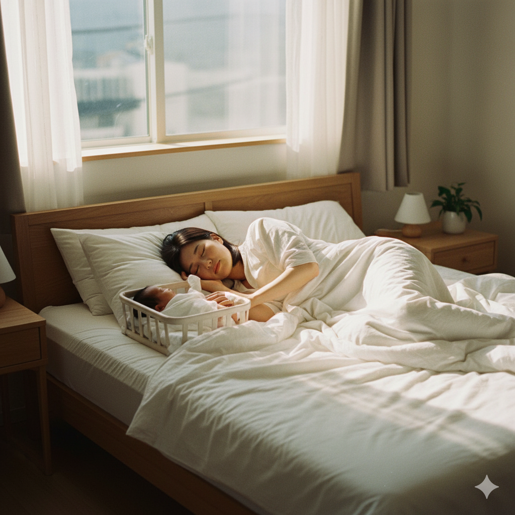 赤ちゃんの隣で短時間の仮眠をとる産後の母親。自然光に包まれた落ち着いた寝室の様子。