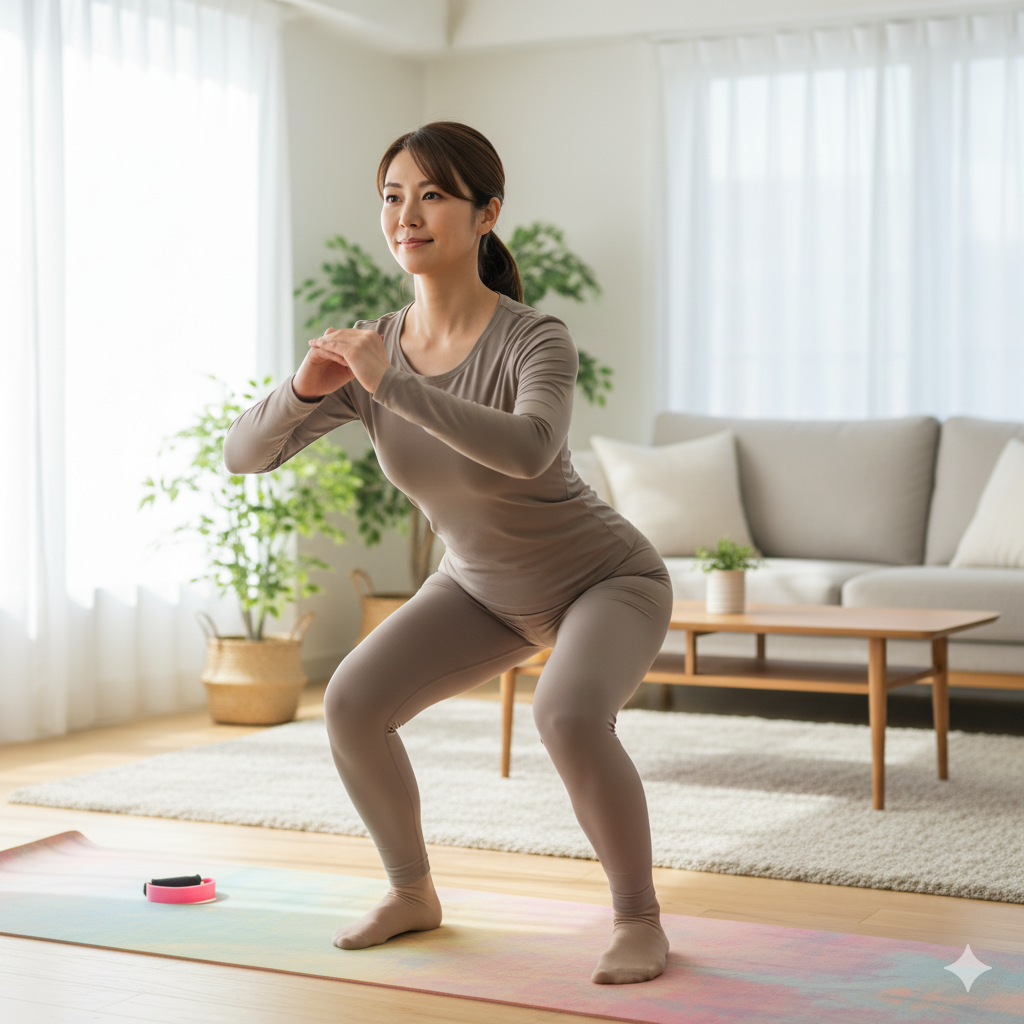 明るいリビングで軽いストレッチや自重トレーニングをしている産後の女性の様子を写したリアルな写真。
