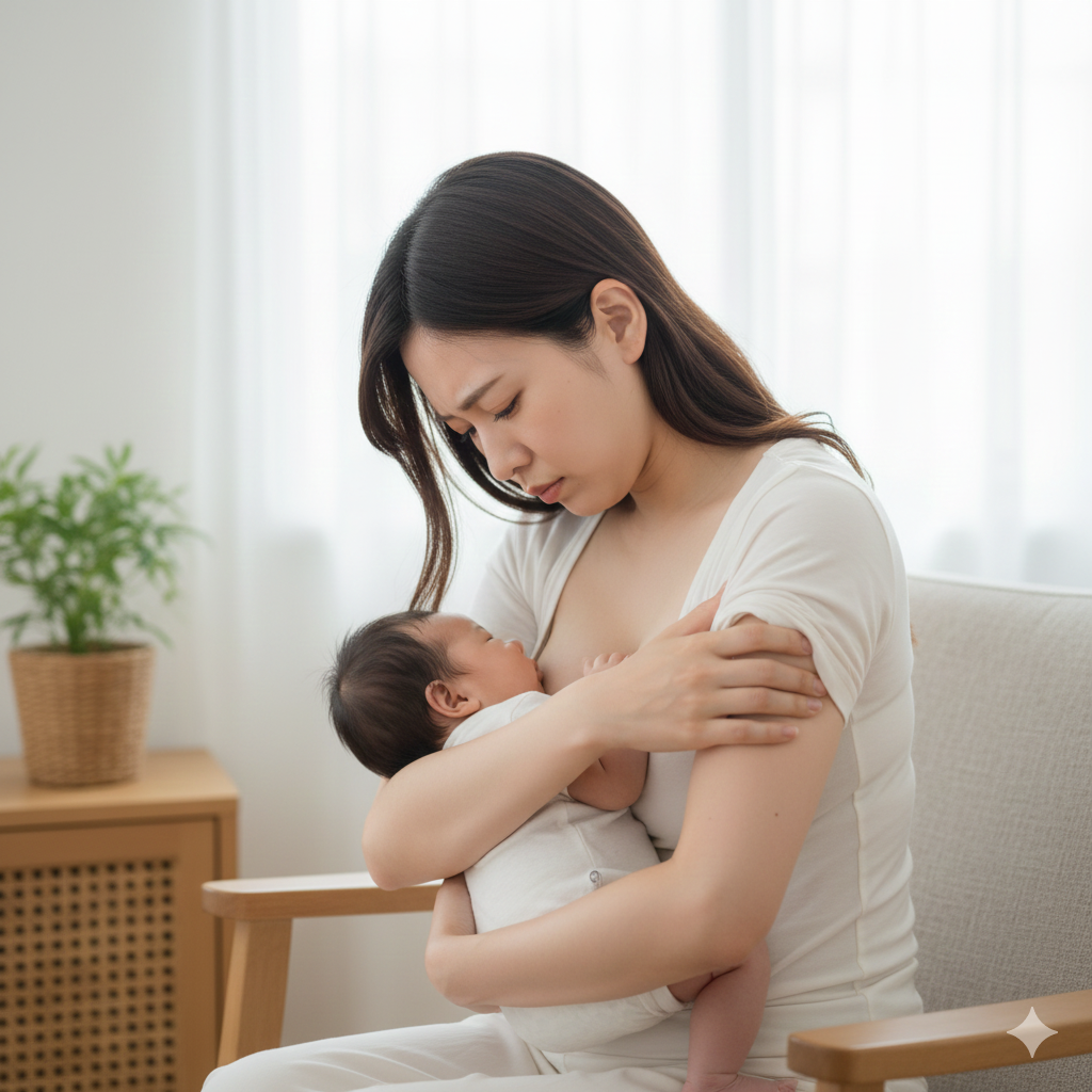 猫背姿勢で授乳し、二の腕に負担がかかっている産後ママの様子を写した写真。
