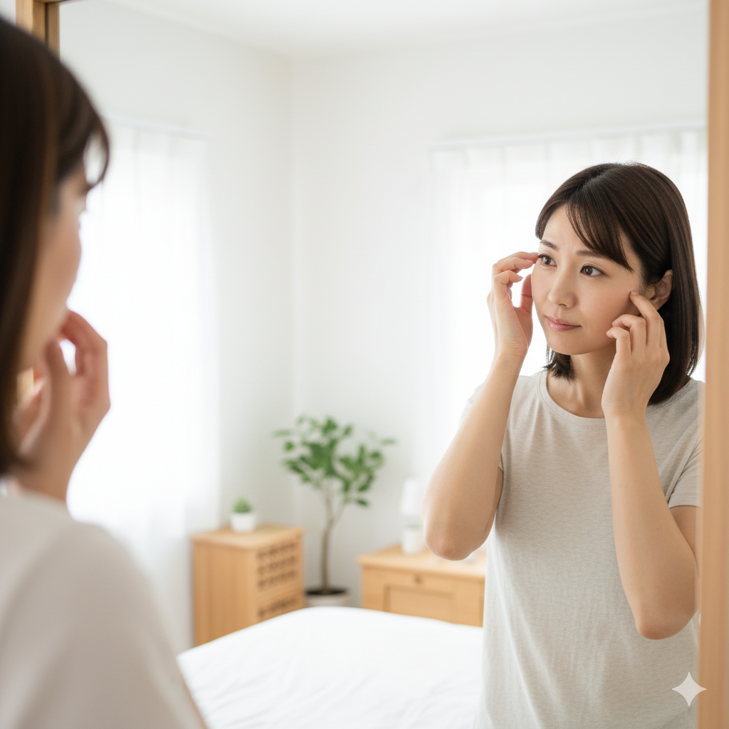 産後の女性が鏡の前で薄くなった生え際を見つめ、不安そうな表情をしている様子を写したリアルな写真。
