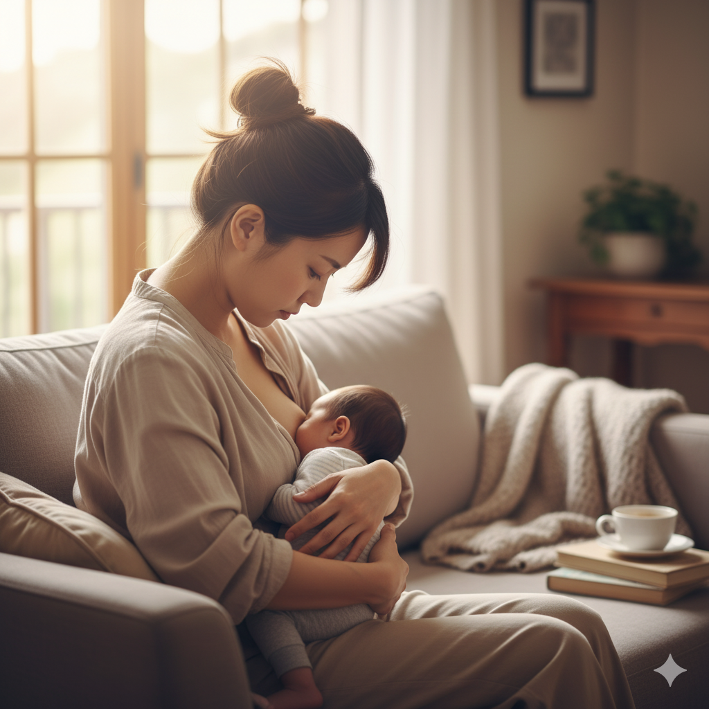 授乳中に前かがみ姿勢になっている産後の女性を写したリアルな日常シーン。姿勢の乱れによる負担が伝わる写真。
