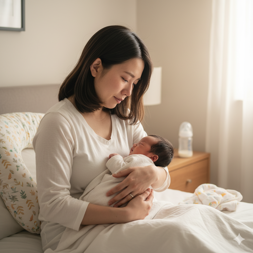 出産後の女性が赤ちゃんを抱きながら涙ぐむ様子。産後のホルモン変化や疲労によるメンタルの不安定さを表現したイメージ。