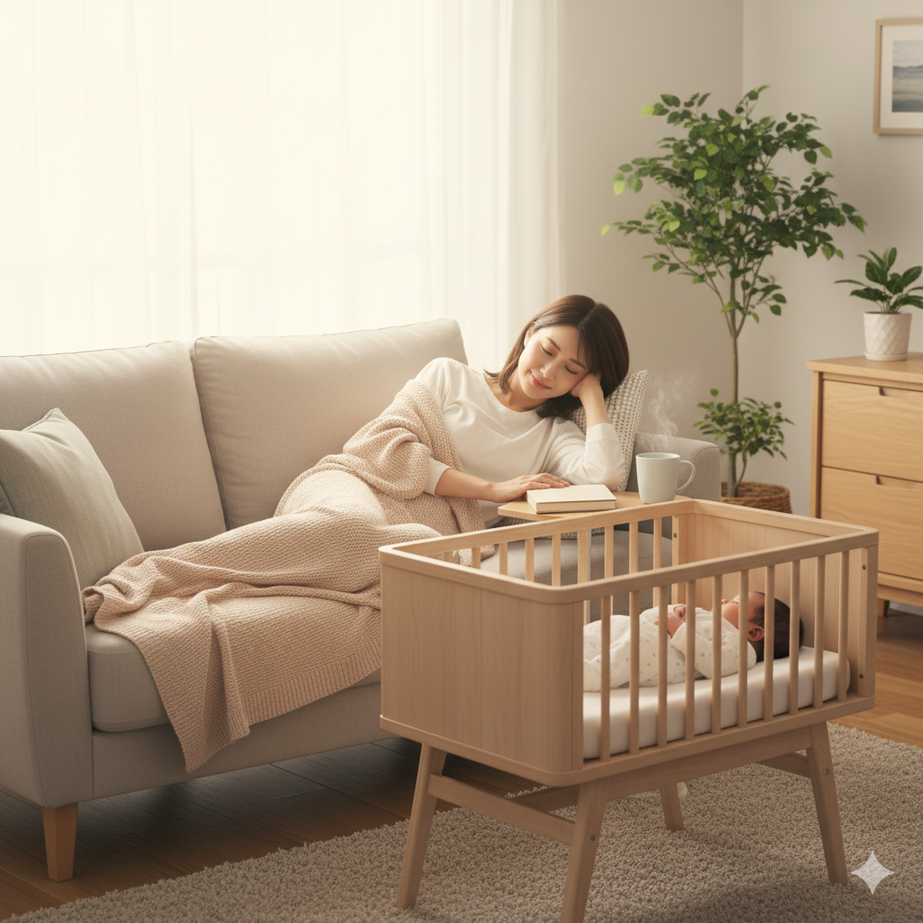 ソファで休む産後の日本人ママとベビーベッドの赤ちゃんの写真