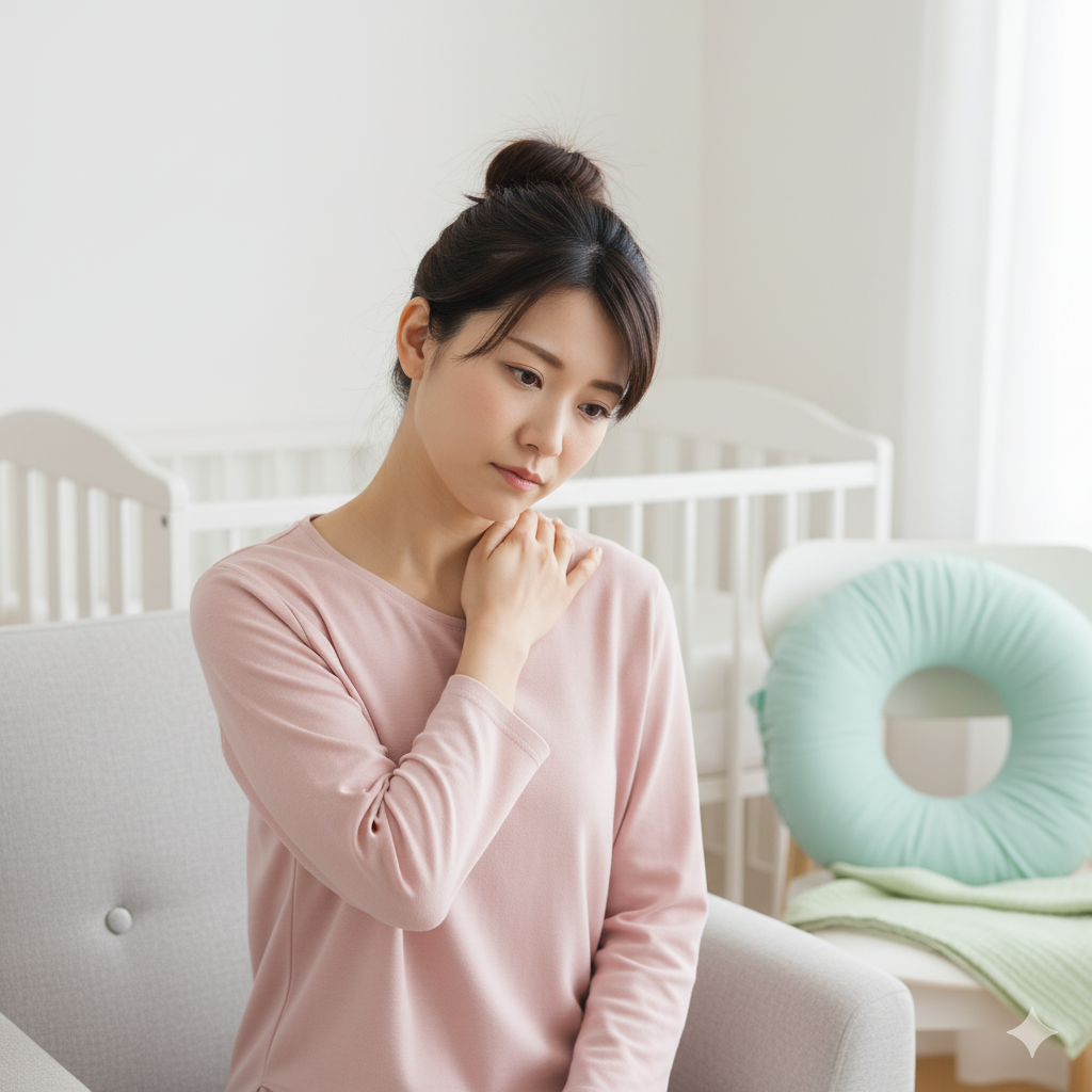 産後の肩こりに悩むママが肩に手を当てている様子を写したリアル写真風イメージ