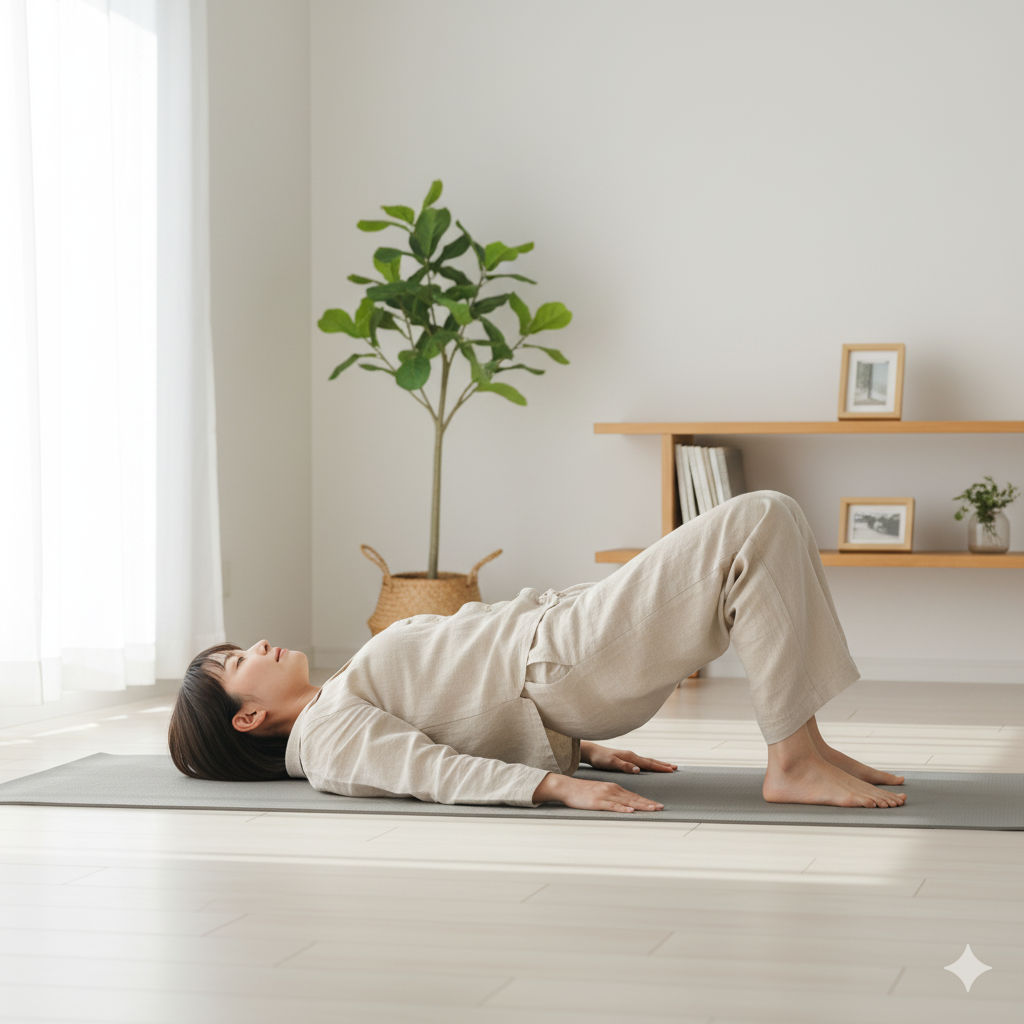 ヨガマットの上でヒップブリッジを行う産後の女性の様子。