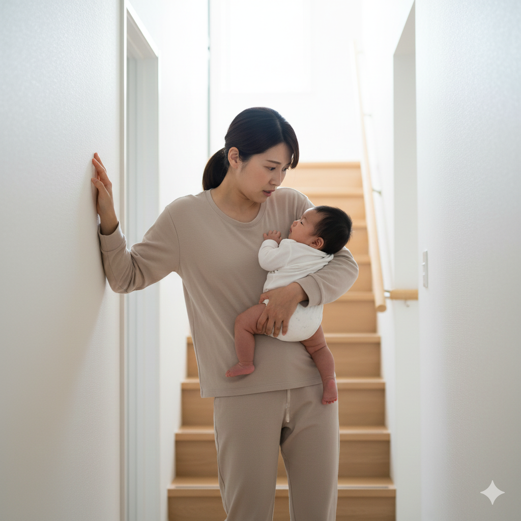 赤ちゃんを抱いた産後のママが廊下でふらつき、壁に手をついて体を支えている様子の写真