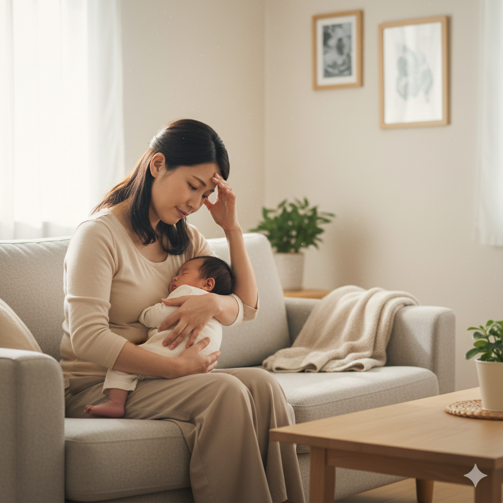産後のママが赤ちゃんを抱きながらふらつきを感じ、ソファで額に手を当てて休む様子の写真