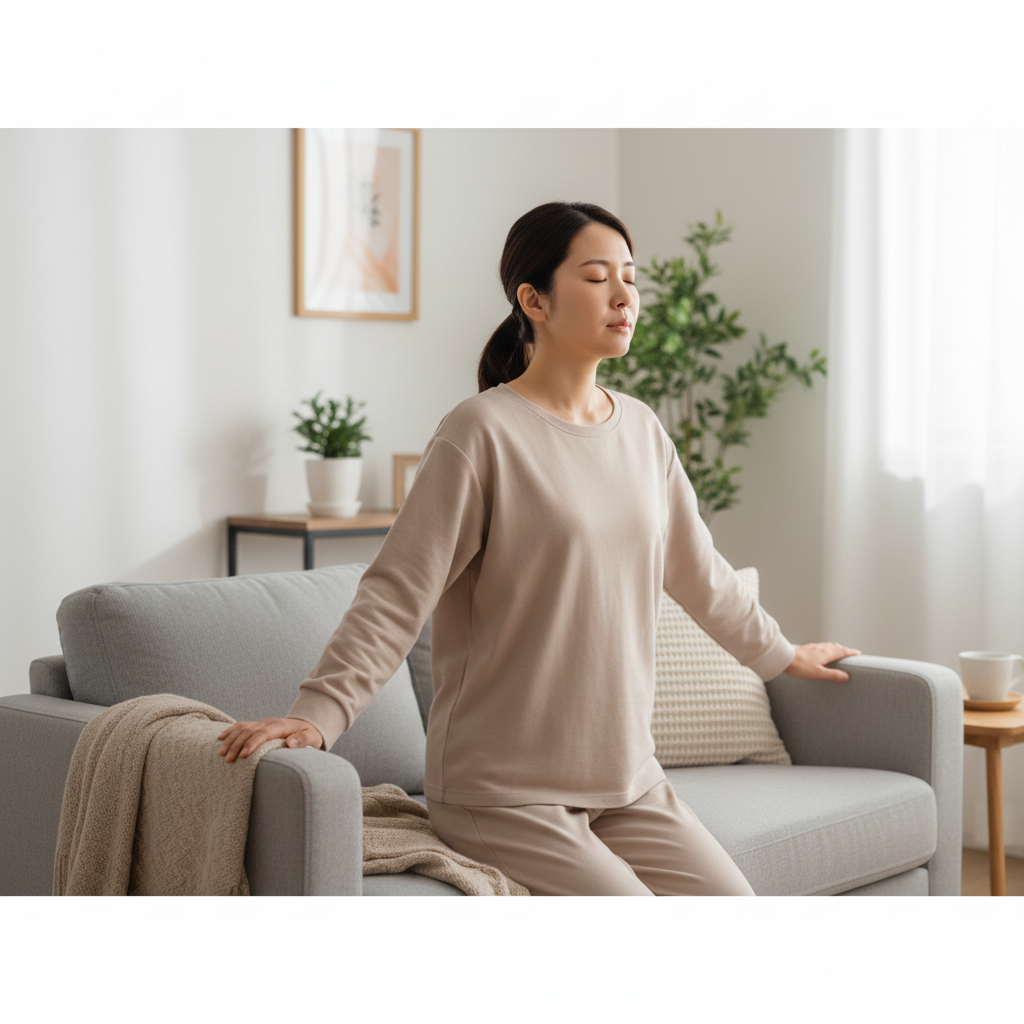 ソファに手を添え、ゆっくり立ち上がろうとして深呼吸する産後ママの様子を描いた写真