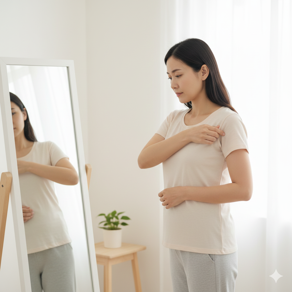 産後に脇のしこりが気になり、鏡の前で不安そうに確認するママの様子
