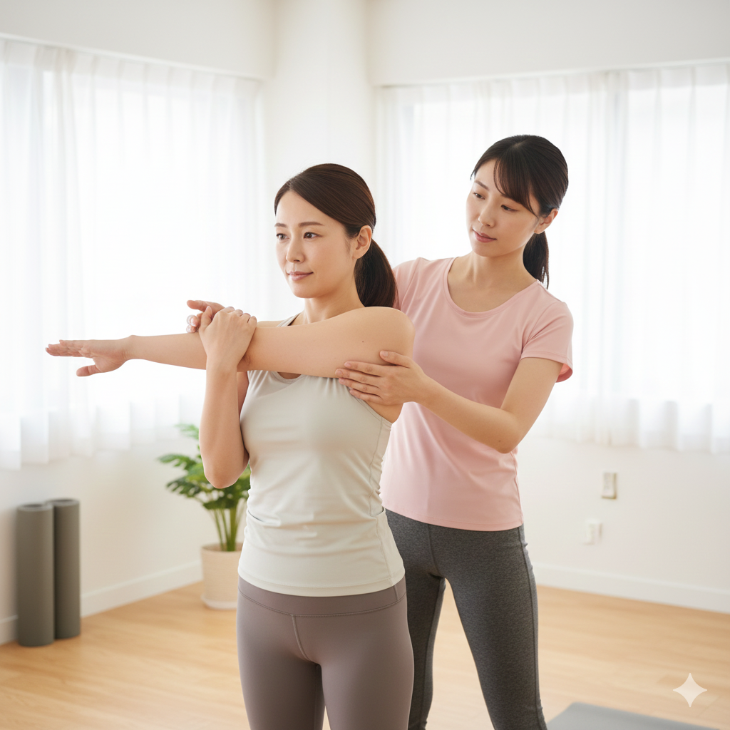 産後の体調に配慮しながら、パーソナルトレーナーと一緒にやさしい運動を行うママの様子
